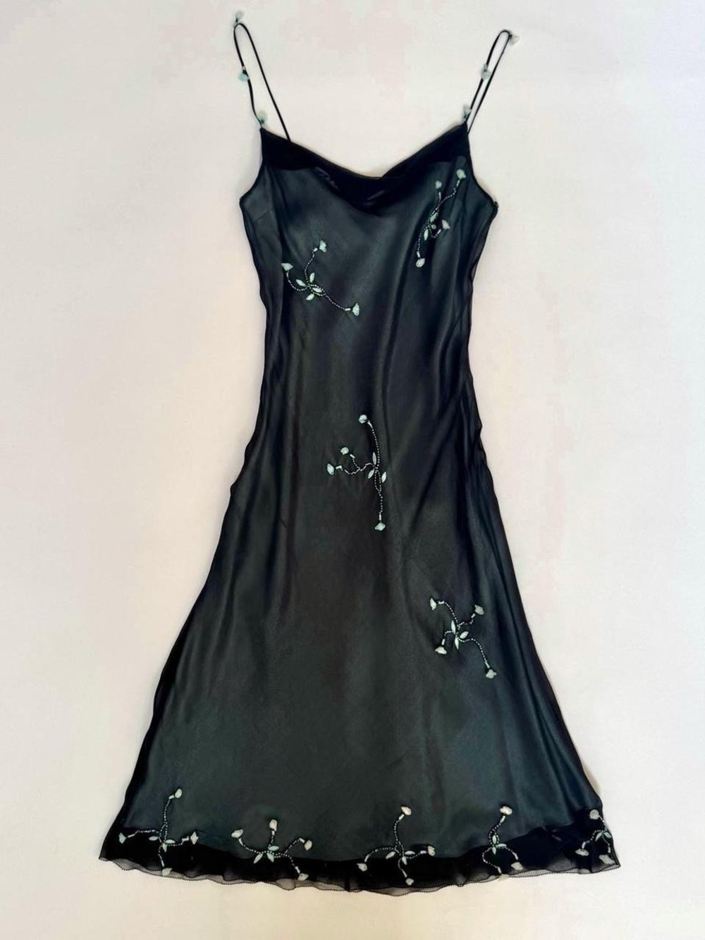 Betsey Johnson Black and Blue Slip 100% Silk with Embroidered Floral Designs